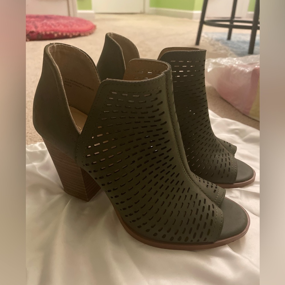 Olive Peep-Toe Block Heel Ankle Booties